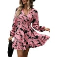 thumbnail image 3 of Women'S Floral Mini Dress Long Sleeve Casual V Neck Chiffon Modest Boho Flowy Fall Wedding Guest Dresses Pink XXL, 3 of 9