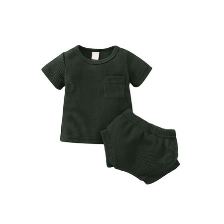 

Nokpsedcb Summer Newborn Baby Boy Girl Clothes Set Ribbed Outfits Unisex Infant Solid Cotton Button Short Sleeve Tops Shorts 2PCS Army Green 18-24 Months