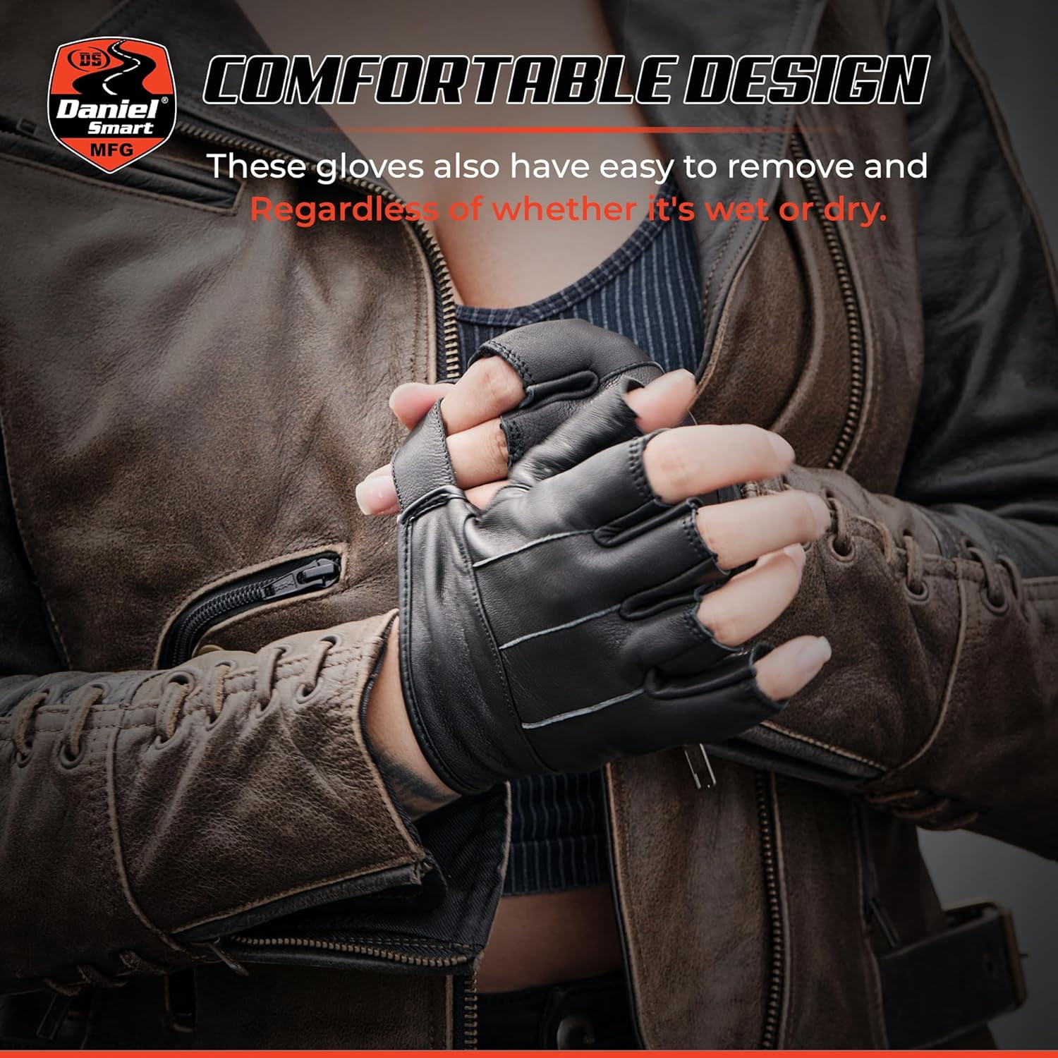 Daniel Smart Deerskin Leather Gloves – Fingerless Women Motorcycle Gloves with Gel Palm and Wrist Strap