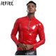 thumbnail image 2 of Abrigo de látex brillante metálico para hombre, ropa de club para hombre, camisa de látex de cuero sintético brillante, cuello alto, manga larga, camisa con cremallera frontal, 2 of 5