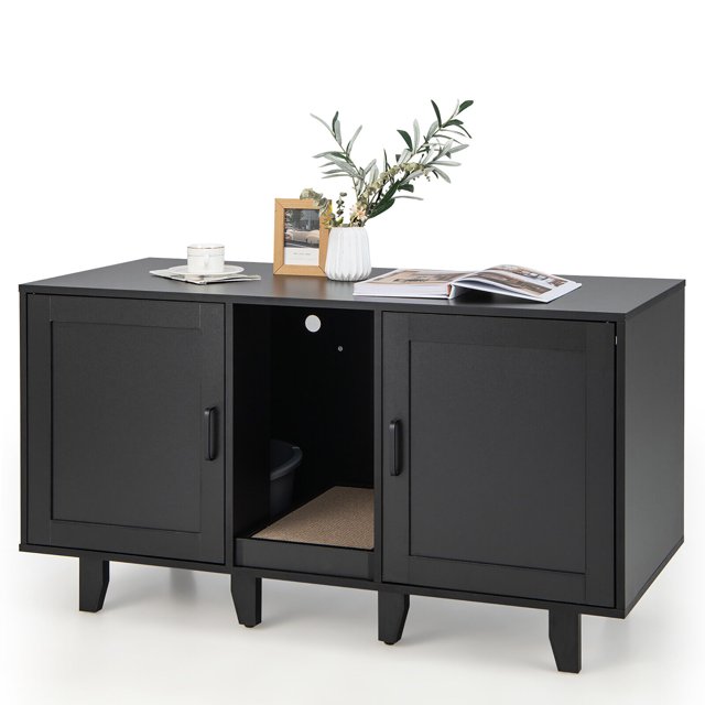 Gymax Meuble Télé pour Litière de Chat, Armoire, Maisonnette Dissimulée pour Chat, Salle de Bain avec 2 Portes
