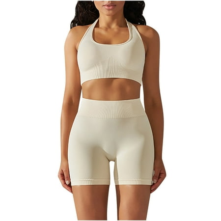 Abomasnow Workout Sets for Women 2 Piece Seamless Gym Athletic Yoga Outfits Halter Neck Backless Sports Bra High Waist Biker Shorts on Clearance