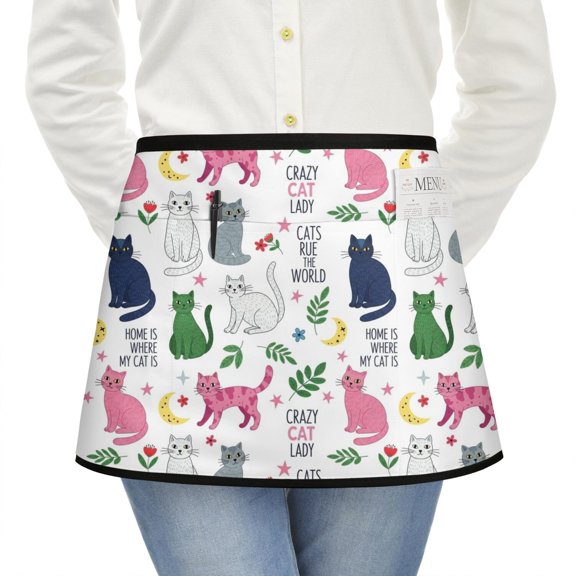 Multicolor Cat and Moon White Pattern Server Half Apron with Pockets,22.8 X 11.8 Inch Half Waist Design with Black Trim,Restaurant Waitstaff Uniform