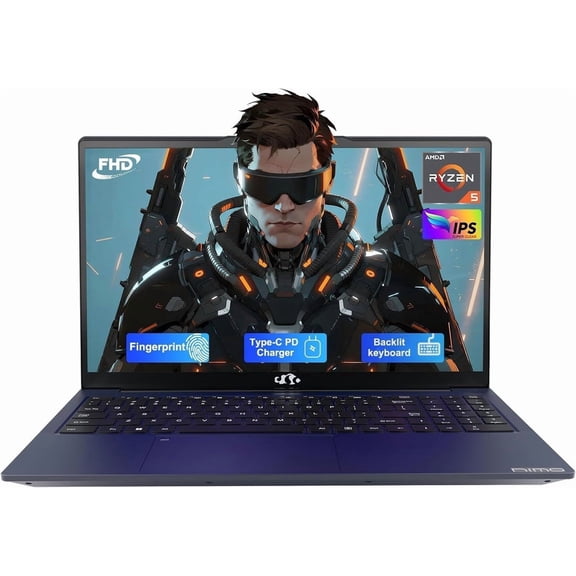 NIMO 15.6" IPS FHD Laptop, AMD Ryzen 5 4-Core, 16GB RAM 512GB SSD, Windows 11, 65W Type-C Fast Charging, Fingerprint, Backlit Keyboard, 180° View, 2 Years Warranty