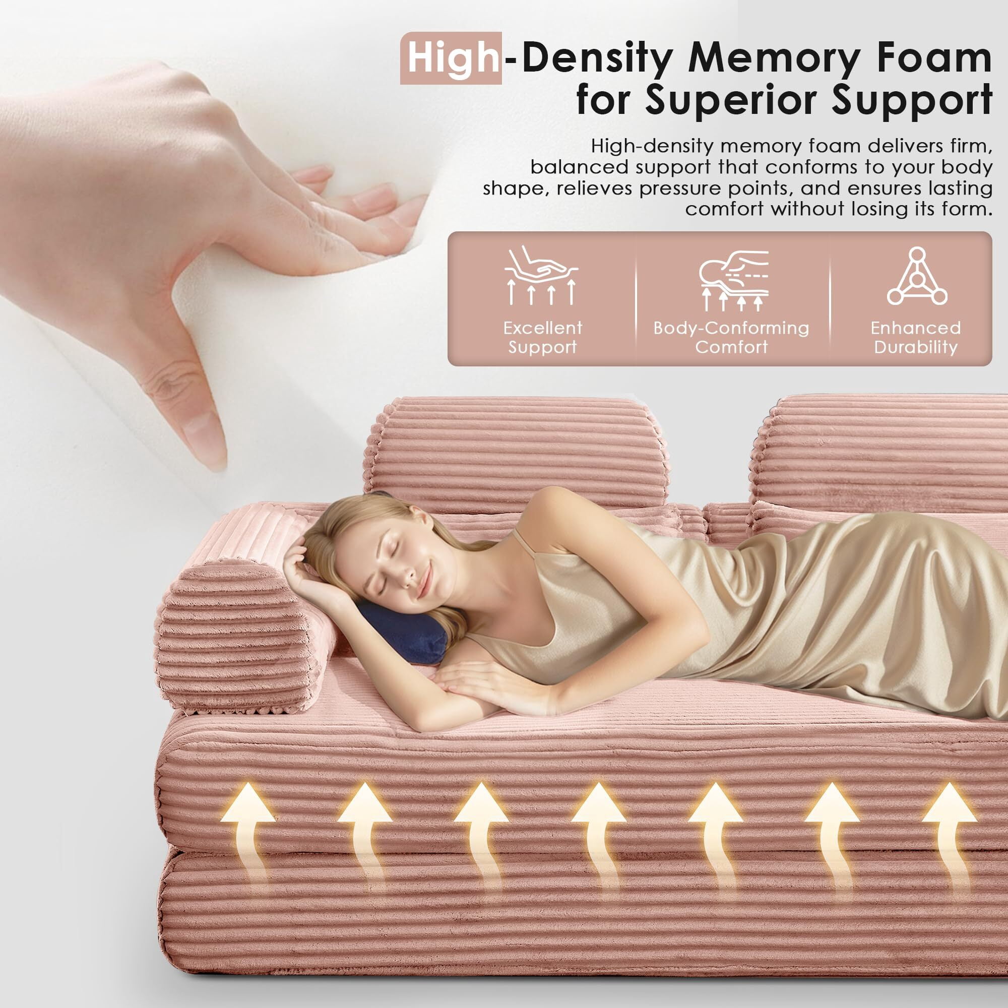 Howcool Convertible Sleeper Sofa Bed, 78.5" Corduroy Foldable Loveseat Sofa, Boneless Memory Foam Couch Bed for Living Room, Queen to King Size Sofa, No Assembly Required, Compression Sofa,Pink