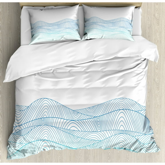 Blue and White Queen Size Duvet Cover Set, Ocean Seascape Abstraction with Wavy Line Composition Aquatic, Decorative 3 Piece Bedding Set with 2 Pillow Shams, Blue Turquoise and White, by Ambesonne