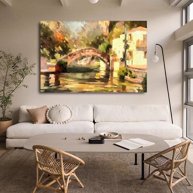 Póster de lienzo con un puente de arco que se extiende sobre un río tranquilo, decoración de dormitorio, paisaje deportivo, decoración de oficina, regalo, estilo marco, 12 x 18 pulgadas (30 x 45 cm)