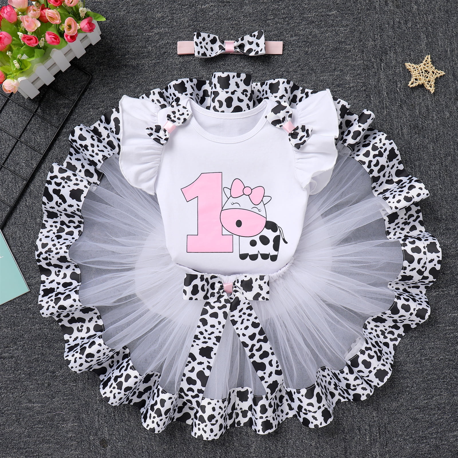 IBTOM CASTLE Baby Girl 1st Birthday Outfit Farm Cow Romper Tutu Skirt Headband Cake Smash Photo Shoot Clothes