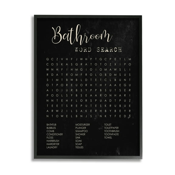 Stupell Industries Bathroom Word Search Activity over Distressed Black Inspirational Painting Black Framed Art Print Wall Art, 11 x 14