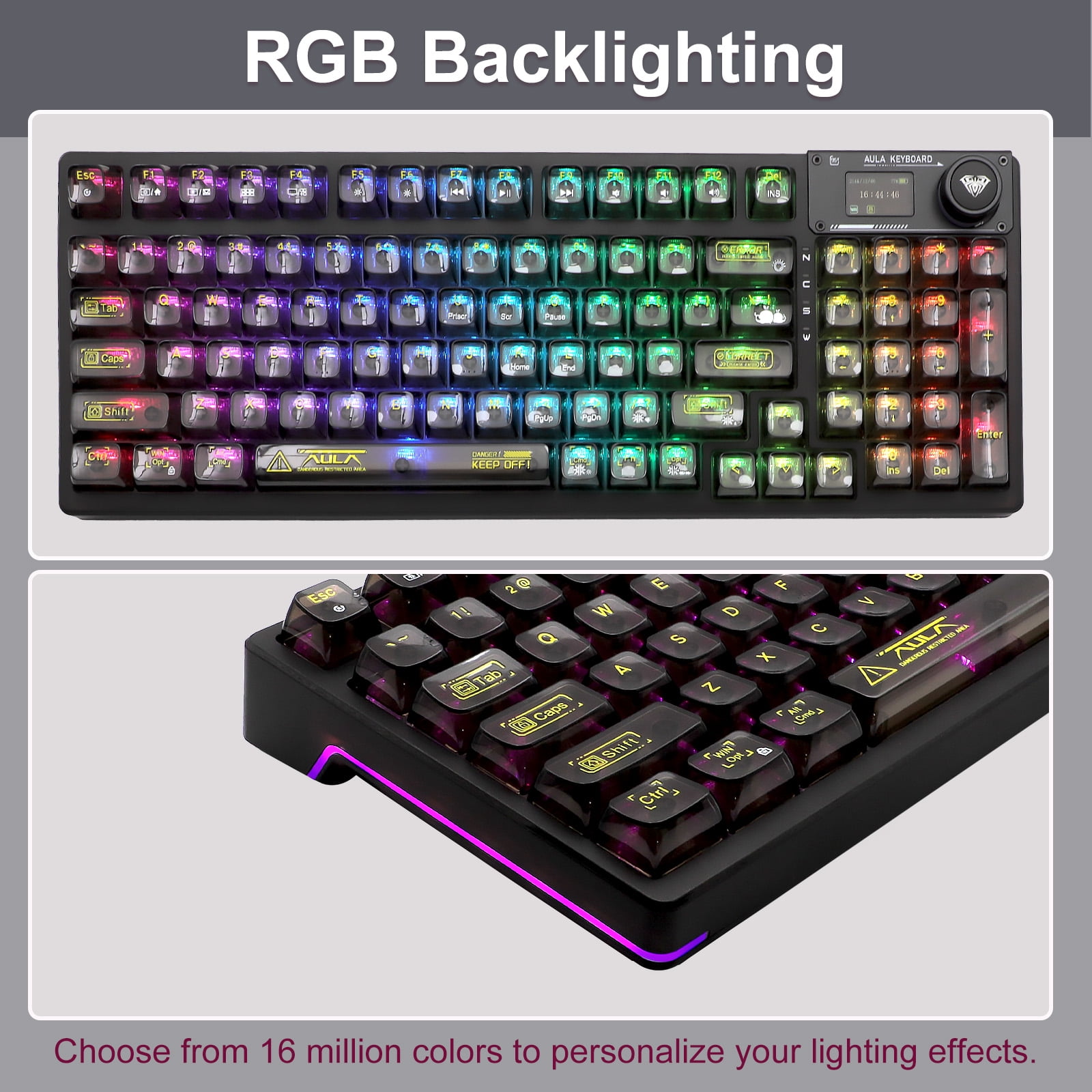AULA F98Pro Transparent Wireless Mechanical Keyboard – Black, Tri-Mode (Bluetooth/2.4G/USB-C), Hot-Swappable Switches, OLED Display, 4000mAh Battery, RGB Backlit