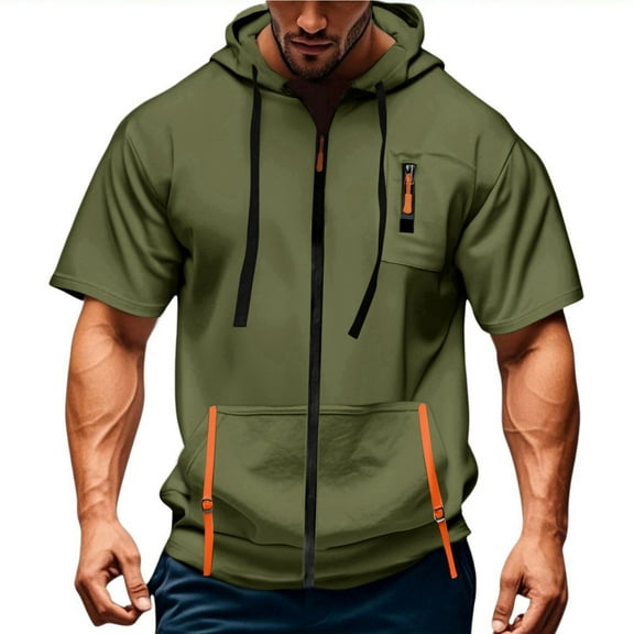 Men's Casual Short Sleeve Sweatshirt, Loose Breathable Solid Color Jacket with Multiple Pockets and Zipper for Sports and Summer Outings,Army Green,L