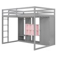 thumbnail image 4 of Full Size Wood Loft Bed with Wardrobe, Solid Wood Loft Bed Frame with Storage Shelves and Cabinet, Space Saving Design, for Bedroom, Dorm, Pink+Grey, 4 of 9