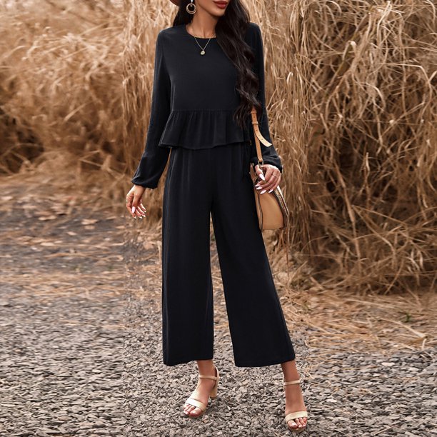 Conjunto de salón de 2 piezas para mujer Traje de vacaciones con volantes y cuello redondo de color sólido