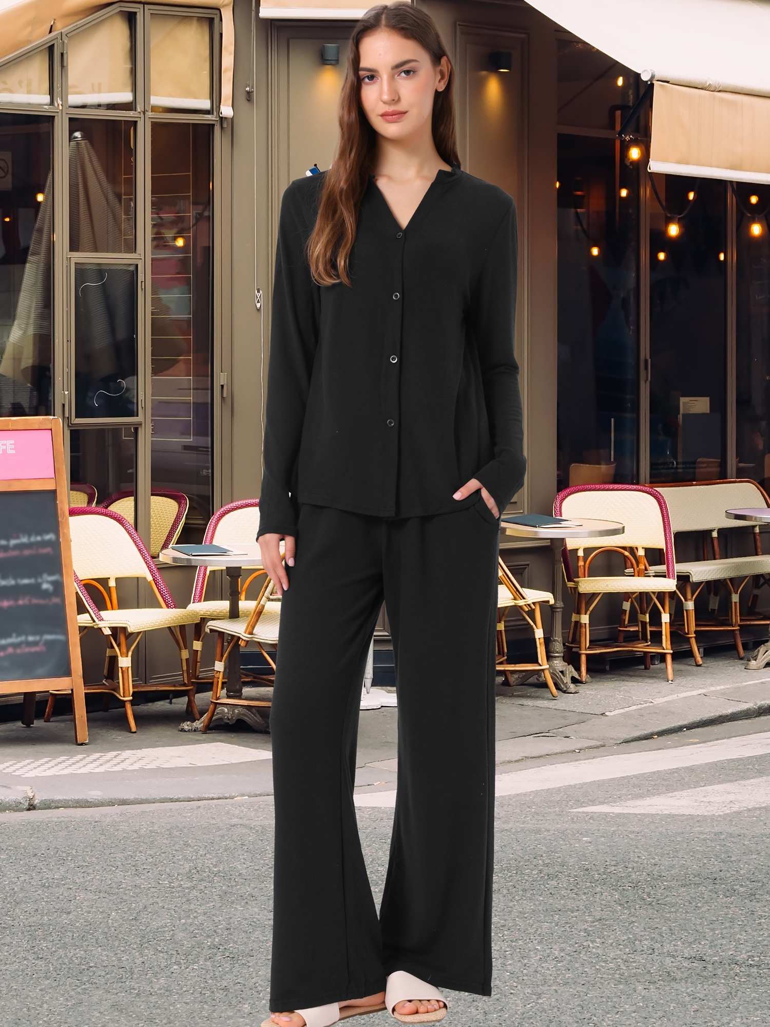 DARING DIVA Women's Sleepwear Pajamas Knit Button Down Tops and Pants with Pockets XS Black