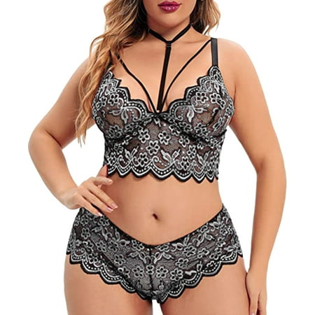 

Miayilima Plus Size Lingerie V Neck High Waist Floral Lace Criss Cross Bra And Panty 2 Piece Set No Underwire