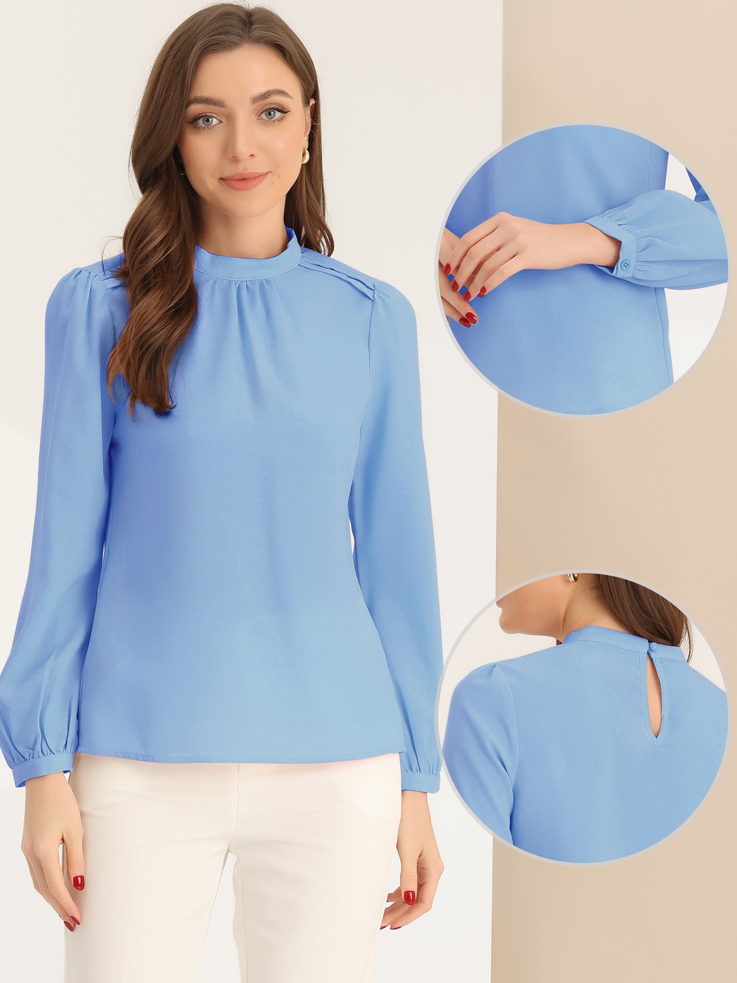 DARING DIVA Women's Work Office Mock Neck Long Sleeve Blouse XL Blue