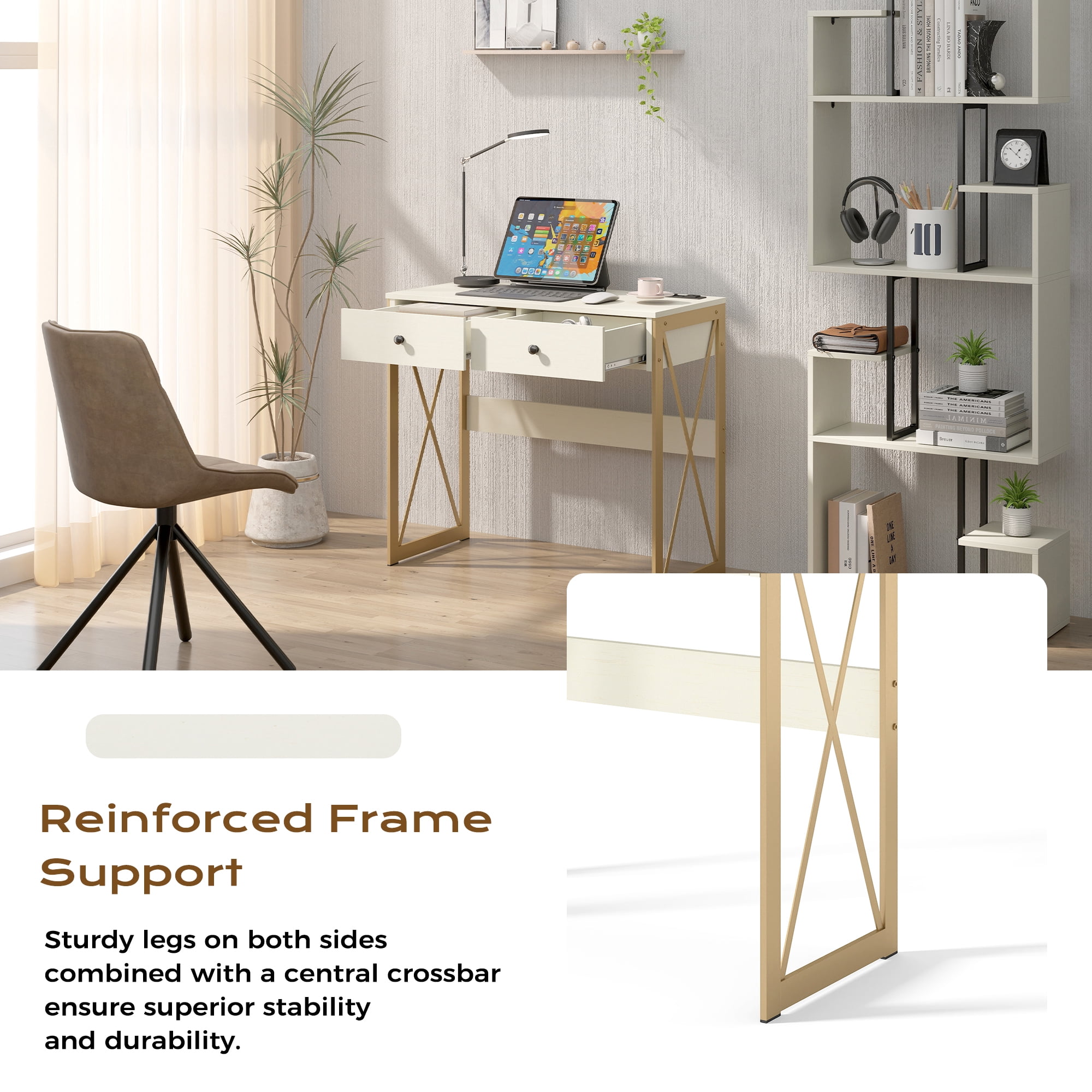 Manxile Computer Desk with 2 Storage Drawers, Home Office Writing Study Desk PC Table for Small Space/Bedroom, White+Gold