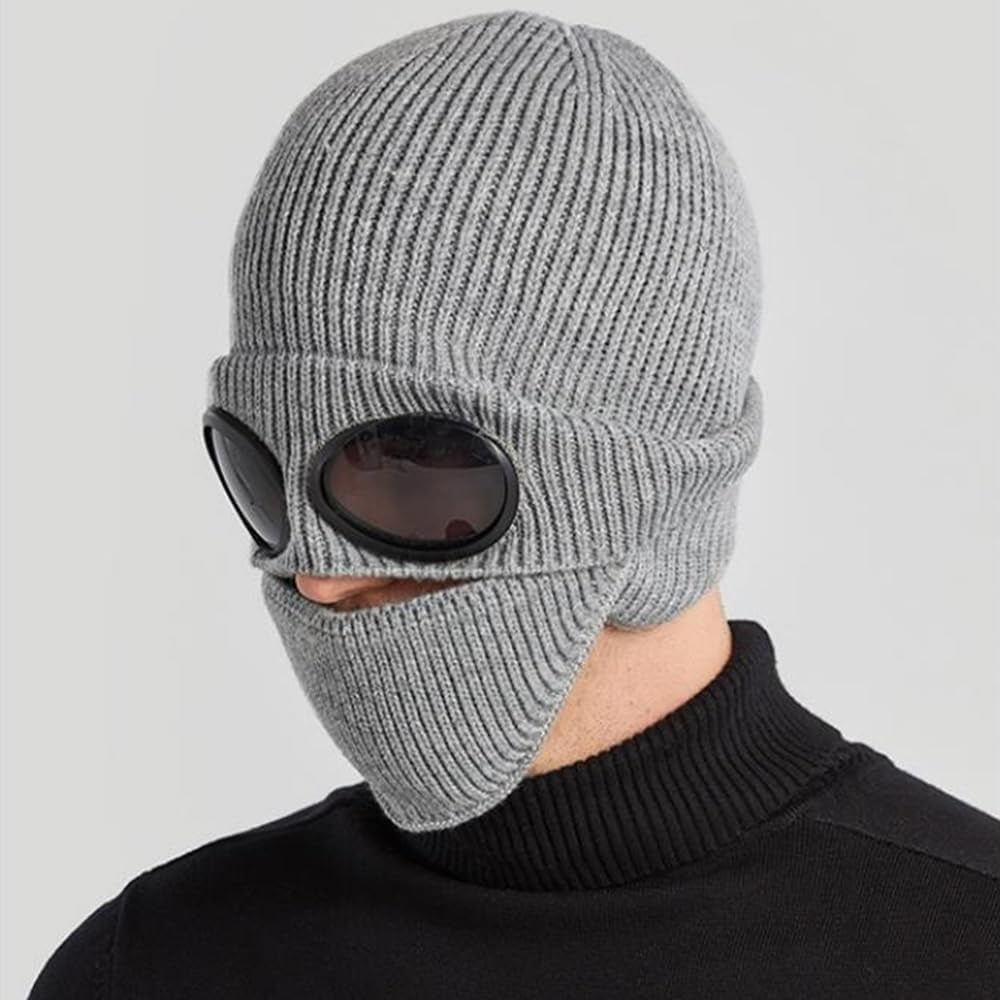 Unisex Winter Ski Beanie Hat with Goggles and Detachable Mask, 3-in-1 Unisex Knitted Goggles Beanie, Ski Mask with Goggles