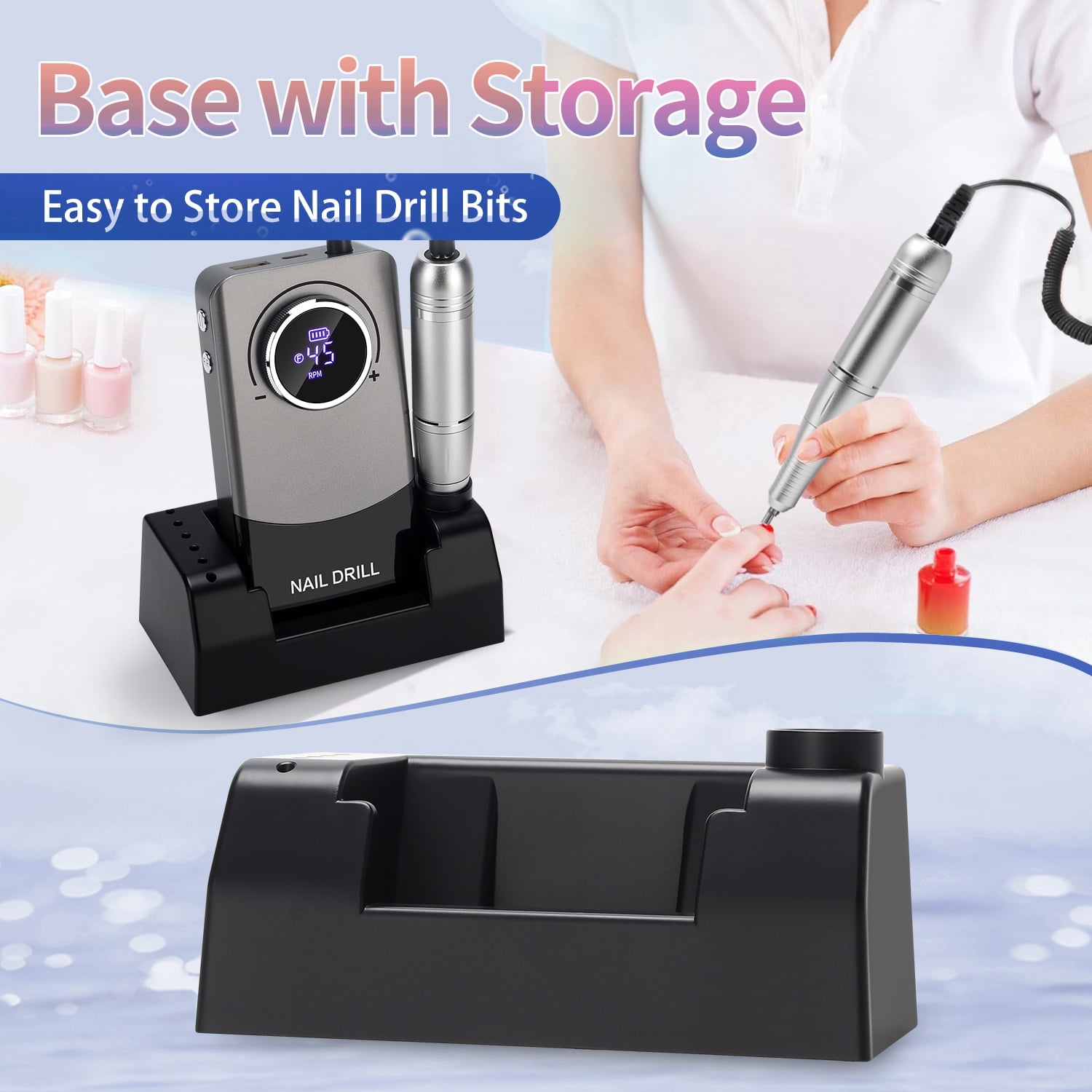Professional 45000RPM Nail Drill Machine for Acrylic & Gel Nails, Rechargeable Electric Nail File with LCD Display, Low Noise, Portable E-File Tool