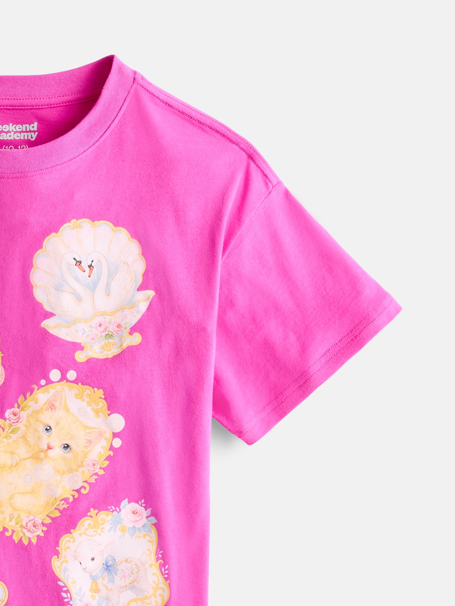 Weekend Academy Girls Oversized Graphic Cotton Tee with Short Sleeves, Sizes 4-18
