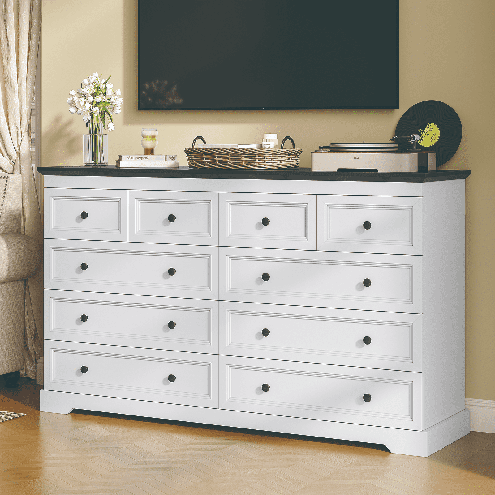 Plonmago 10 Drawers Dresser, 55" Large Drawers Dresser for Bedroom, Wood Dressers & Chest of Drawers for Living Room,White