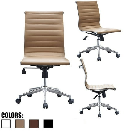 Leather Mid Back Chair - 2xhome - Tan - Eames Modern Mid Back Ribbed PU Leather Swivel Tilt Adjustable Chair Designer Boss Executive Management Manager Office Conference Room Work Task Computer