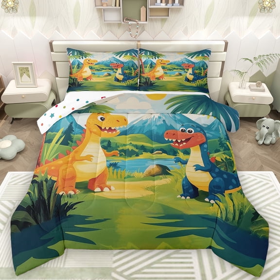 Castle Fairy Kawaii Dinosaur Bedding Comforter Set 2pcs for Children Kids Teens,Cartoon Animal Dino Twin Comforter Sets Microfiber,Jungle Wildlife Breathable Bedding Set,Super Cozy Room Decor
