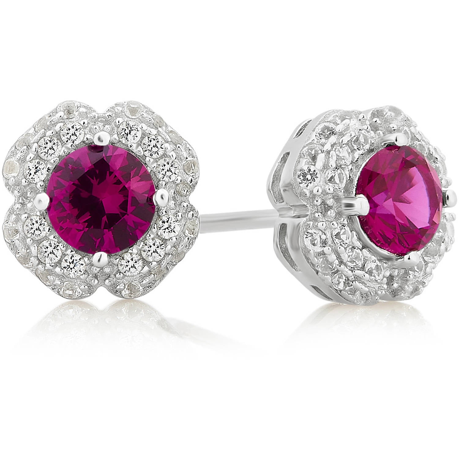 Arista Created Ruby and White Sapphire Gemstone White Flower Frame Women's Stud Earring in Sterling Silver