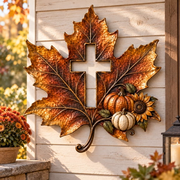 Maple Leaf and Cross Metal Wall Decor, Rustic Fall Hanging Accent for Living Room, Entryway, Bedroom, Porch and Seasonal Farmhouse Decoration