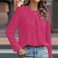 thumbnail image 2 of UTSJKR Womens Tops Dressy Solid Casual Pleated Crew Neck Long Sleeve Shirts Office Work Chiffon Blouses Hot Pink M, 2 of 8