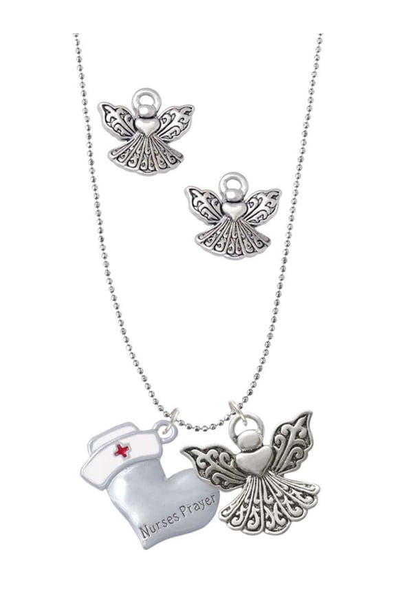 Silvertone Nurse's Prayer Heart - Lord Guide Silver tone Guardian Angel Charm Necklace and Stud Earrings