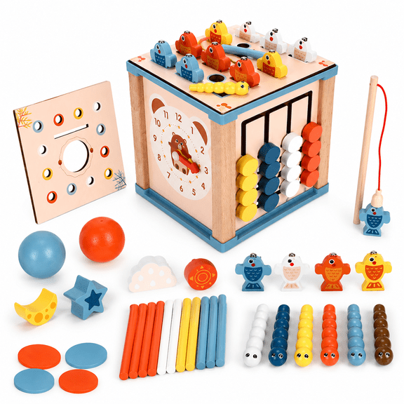 Huge Wave 9-in-1 Baby Activity Cube, Baby Montessori Learning Toys, with 6 Multicolor Sides Wooden, Educational Interactive Game, Birthday Gift for Kids Boys Girls 1 2 3 4 Years