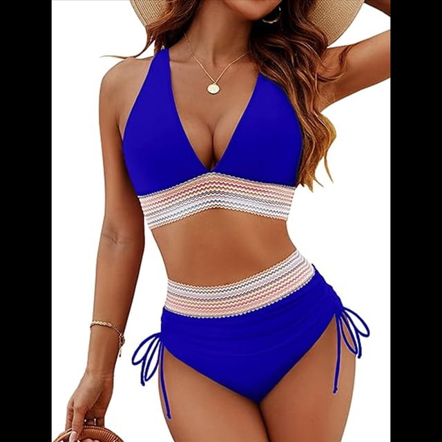 Bikini de Dos Piezas para Mujer, Cintura Alta, Cuello Halter, Traje de Baño Adelgazante, Azul Real, XXL