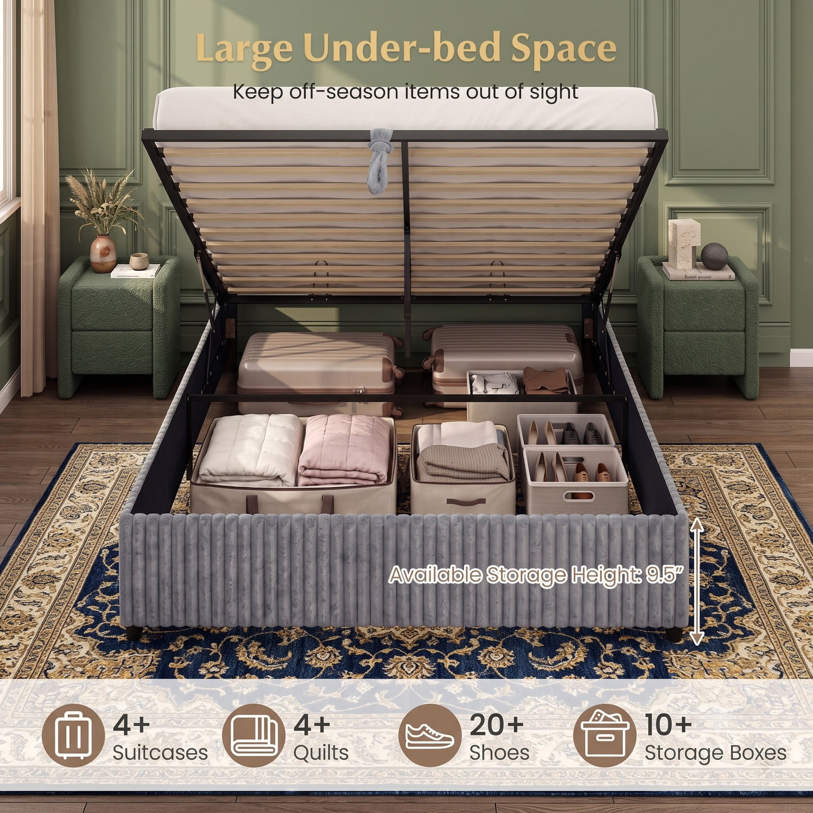 Furnibear Queen Size Bed Frame with Storage, Lift Up Upholstered Platform Bed Frame with Channel Tufted Headboard for Bedroom, Gray