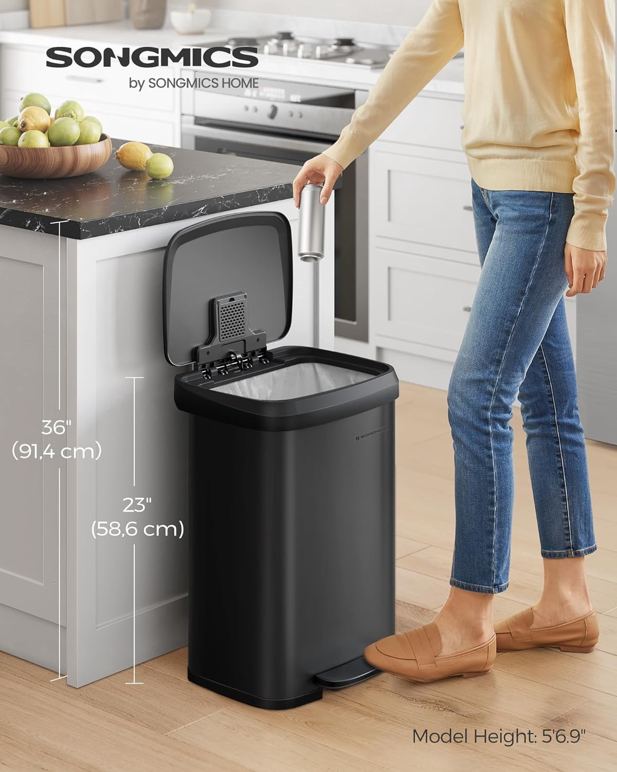 Kitchen Trash Can 13 Gallon Stainless Steel Garbage Can Recycle Bin with Stay-Open Lid and Step-on Pedal Black