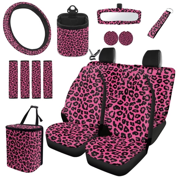 HUISEFOR 15 Pcs Pink Leopard Print Car Seat Covers Full Set for Women Men with Seat Belt Cover Car Trash Can Air Vent Storage Bag Rear View Mirror Cover Keychain Coasters Suitable for Most Cars SUV