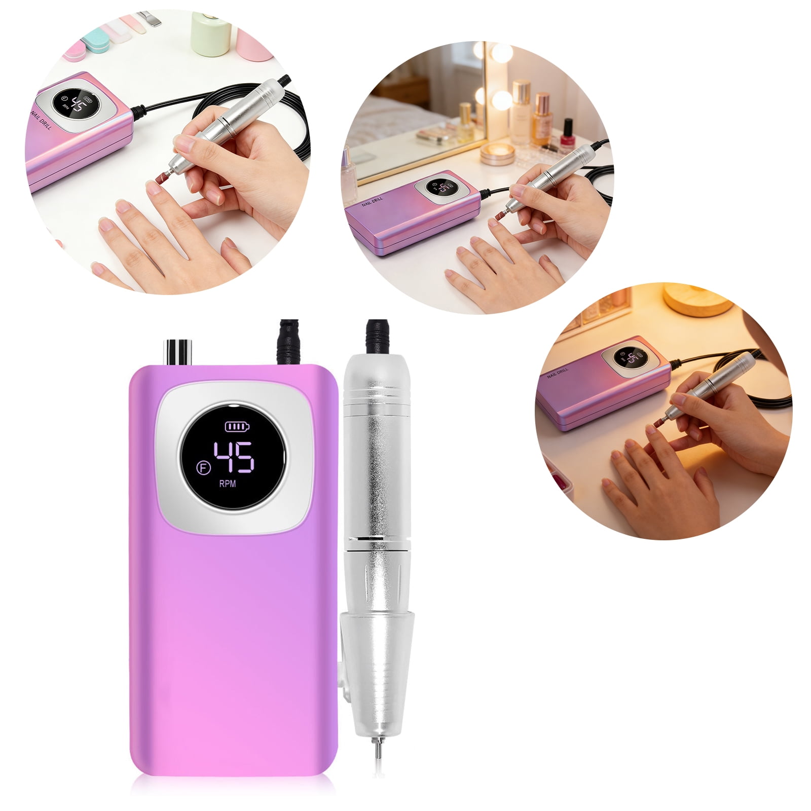 golytefs Electric Nail Drill 45000RPM Rechargeable Cordless E-file with Bits Kit Portable Nail File for Acrylic Gel Polishing Removing (Purple)