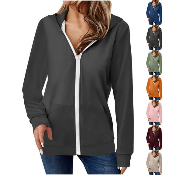 Hoodies for Women Plus Size Zip up Drawstring Solid Long Sleeve Hoodies Sweatshirts Loose Casual Fall Winter Coat Jacket with Pocket