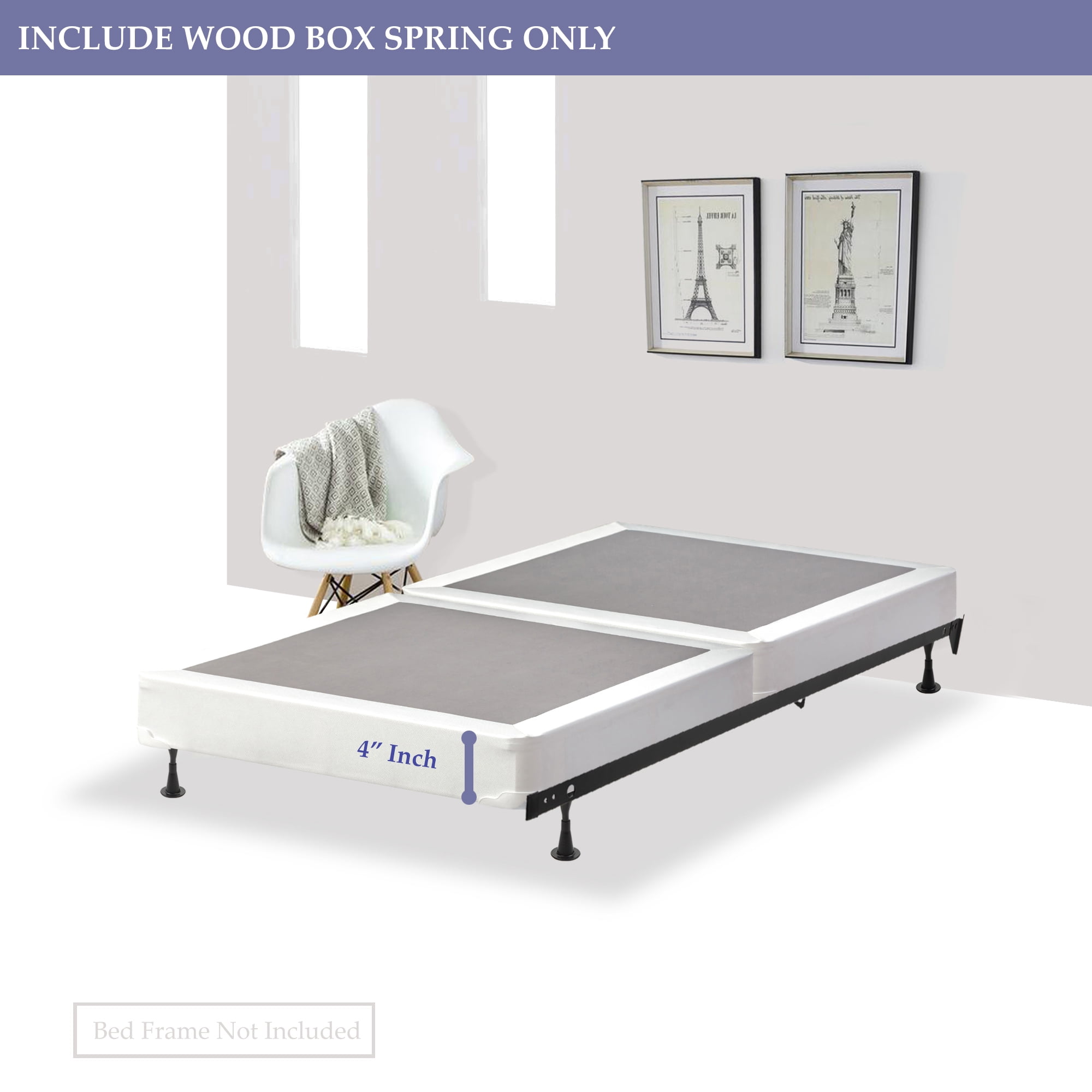 Wayton, 4" Split Sturdy Fully Assembled Wood Box Spring for Mattress, Twin, White