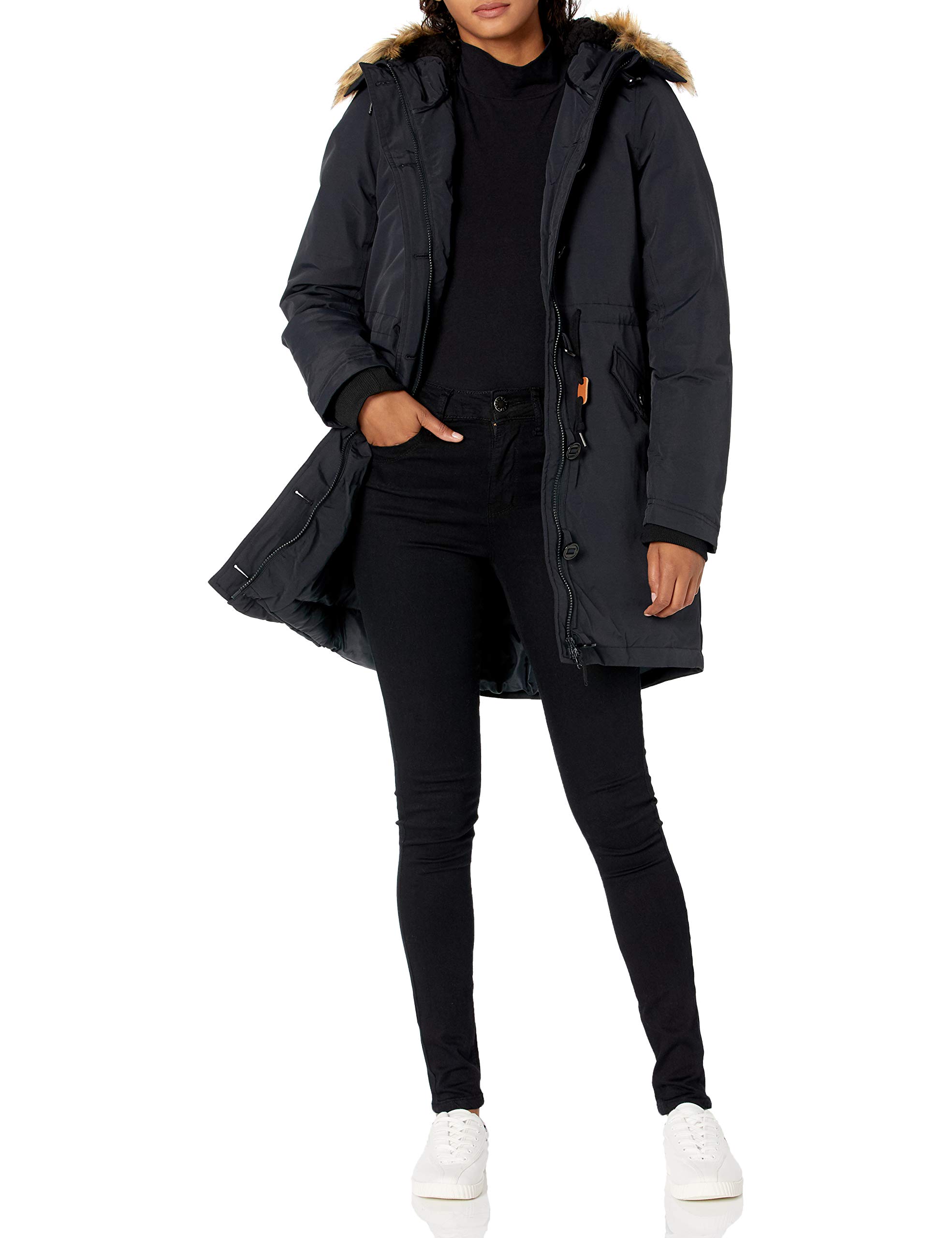 water resistant long parka with faux fur trim