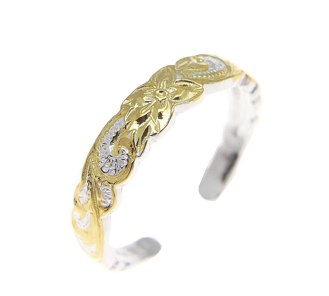 Arthurs Jewelry 925 Sterling Silver Rhodium Plated Yellow Gold Plated Hawaiian Plumeria cz Scroll Cut Out Edge Toe Ring