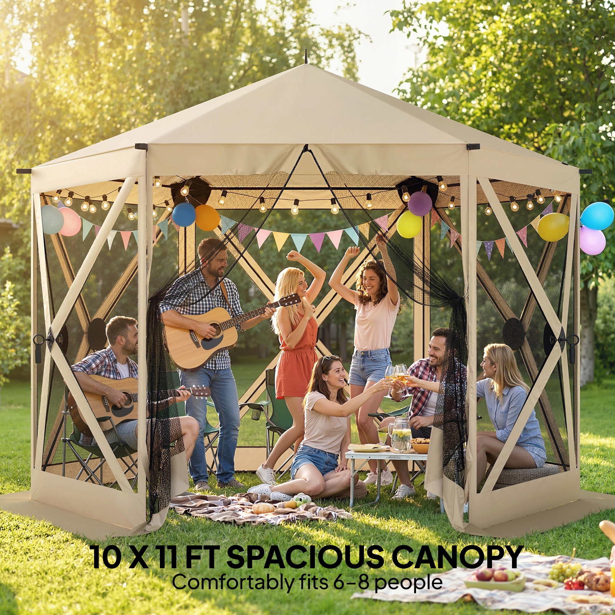 Outsunny 10 x 11 ft Pop Up Gazebo Screen Tent, Outdoor Portable Instant Camping Canopy Screen House Sun Shelter with Nettings, Carry Bag, Beige