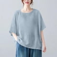 thumbnail image 2 of Vestidos Casuales Para Mujer, Blusas De Mujer De Moda Blusa de mujer de color liso de imitación de lino con hombros descubiertos, manga corta, cuello redondo y dobladillo con abertura, 2 of 5