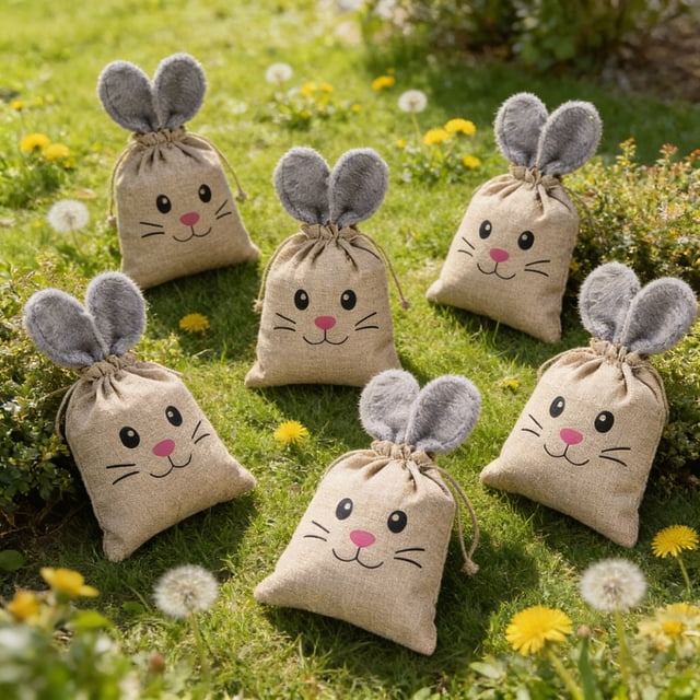 Juego de 6 bolsas de regalo de arpillera orejada de conejo de Pascua, bolsitas reutilizables de caramelos de lino para niños, detalles para fiesta y bolsas de regalos de primavera