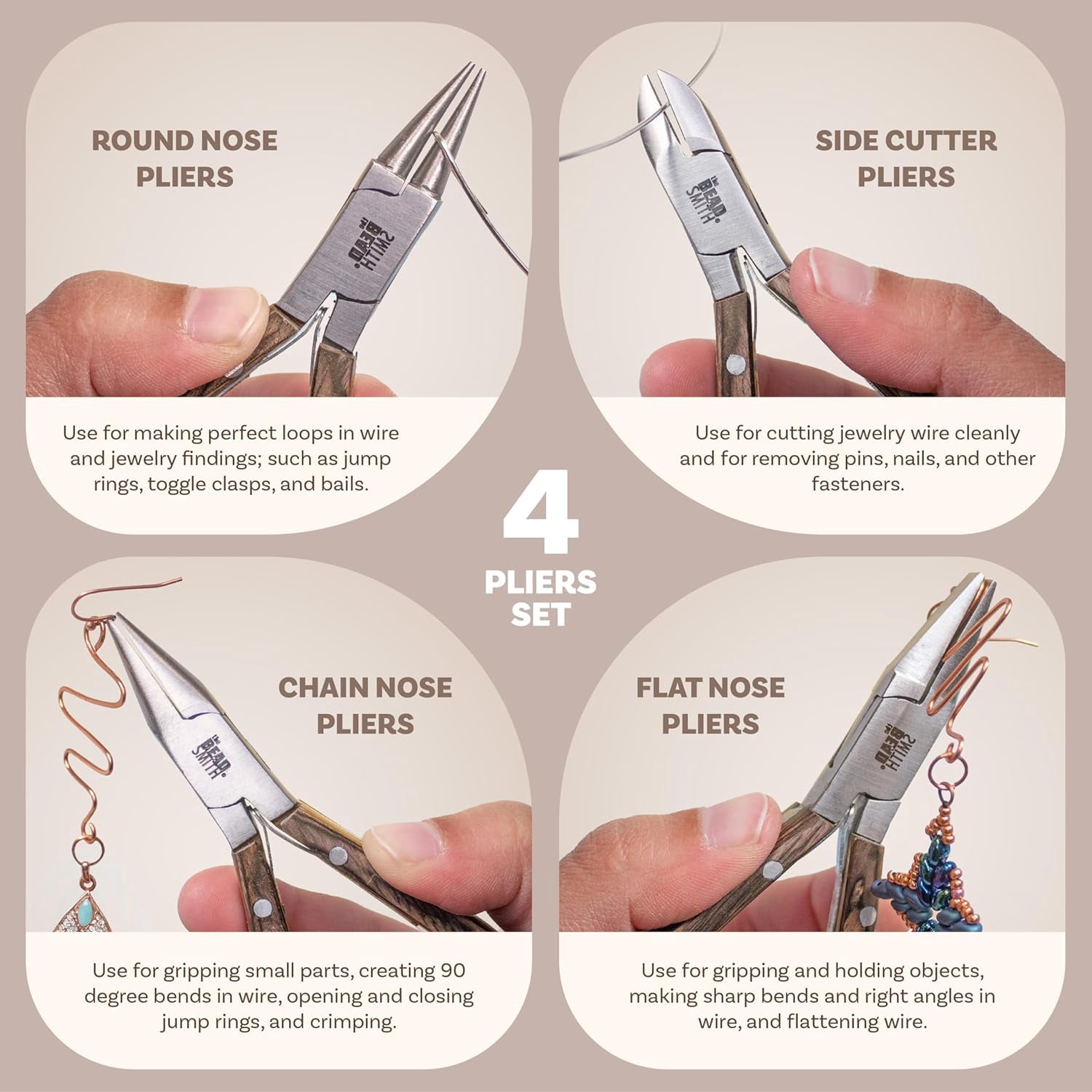 The Beadsmith Natural Elements Pliers Set - 4-Piece Kit: Chain Nose, Round Nose, Flat Nose, Side Cutter and Canvas Carrying Case – Natural Wooden Handles - Tools for Jewelry Making