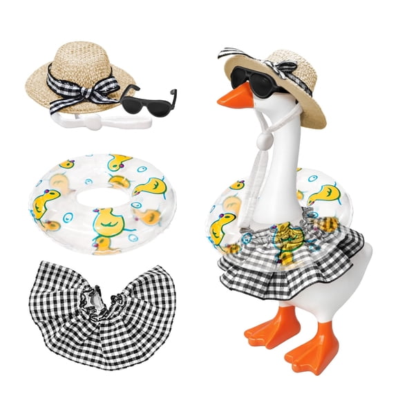 KuKeDi 7 inch Mini Desk Goose Summer Outfit, Beach Clothes Set with Swimsuit, Hat, Sunglasses and Swim Ring