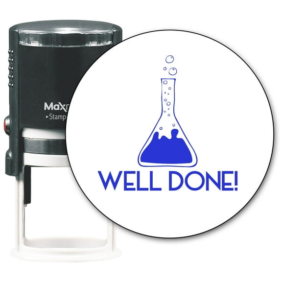 MaxMark Round Teacher Self Inking Stamp - WELL DONE! - Jumbo Series, Style TS305 with Blue Ink