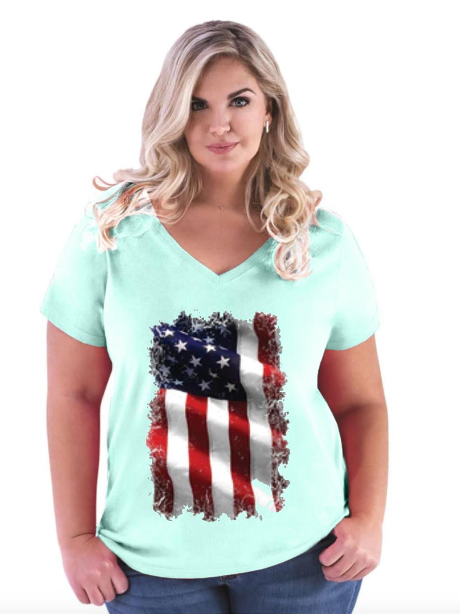 IWPF Womens and Womens Plus Size Patriotic American Flag Curvy VNeck