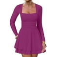 thumbnail image 2 of Women's Mini Dress Square Neck Ruffle Hem Mini Dress Ruched Waist Long Sleeve Corset Short Party Dresses, 2 of 6