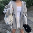 thumbnail image 2 of Ropa de mujer de talla grande, suéter con capucha de manga larga gris para niñas regordetas, abrigo de otoño para mujer, top holgado a la moda, 2 of 3